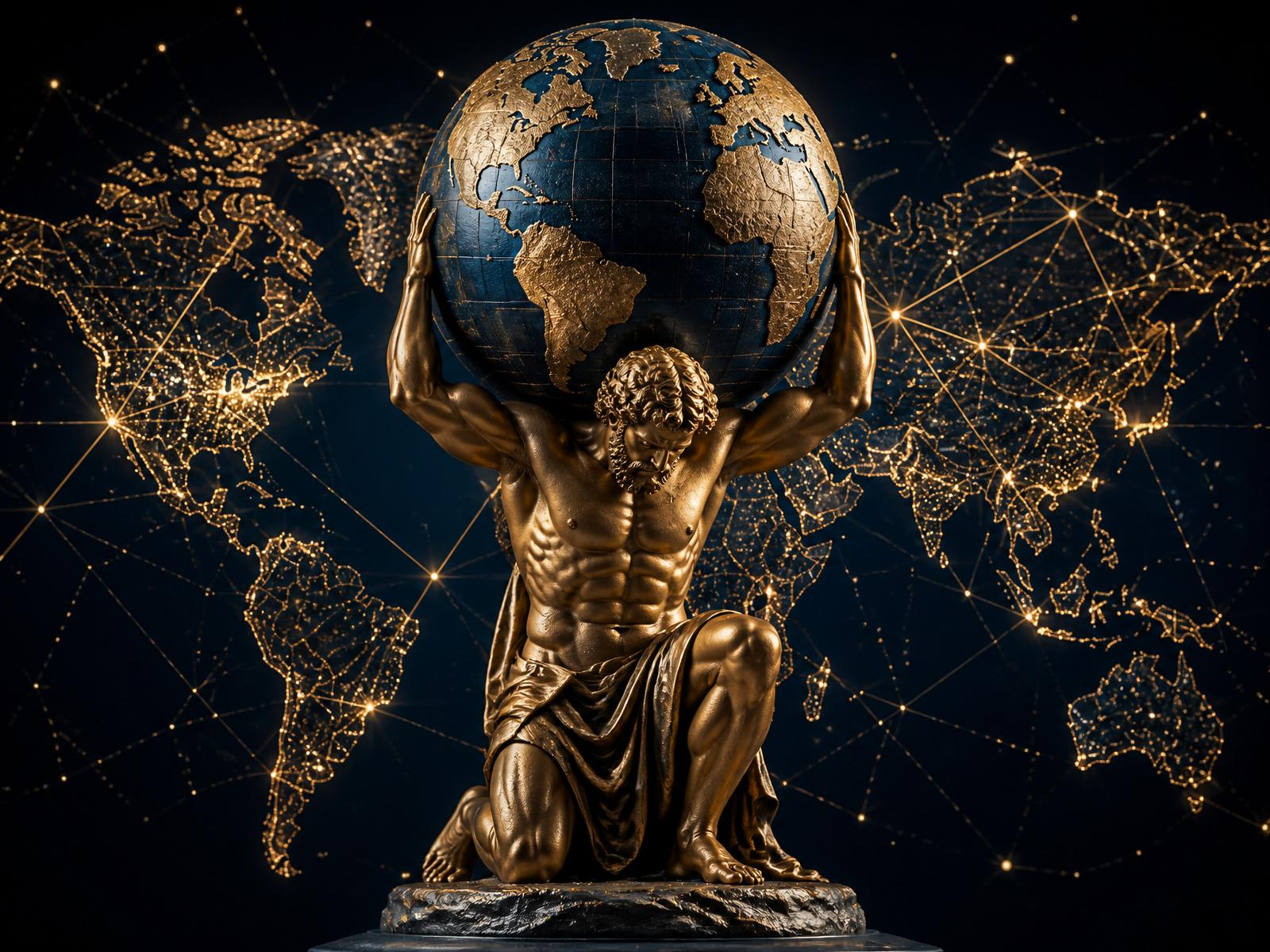 Atlas titan holding a globe surrounded by a network of connections